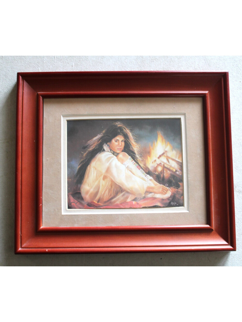 Maija Night Spirits Woman With Fire Native American Signed Framed Print 12x10